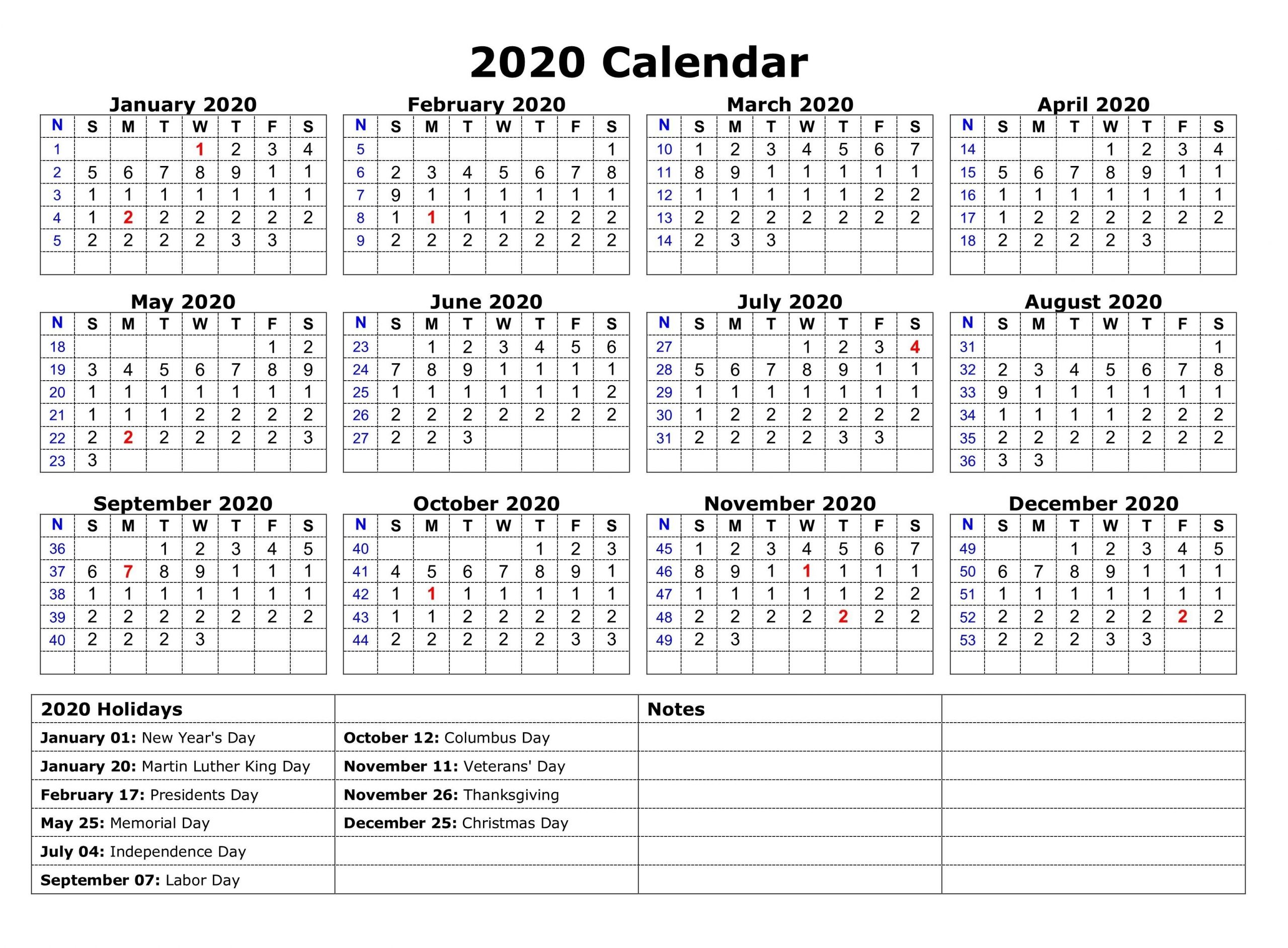 2020 One Page Calendar Printable | Calendar 2020