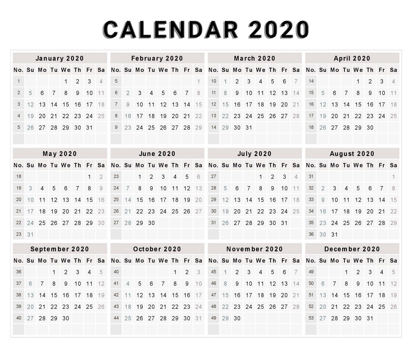 2020 One Page Calendar Printable | Calendar 2020