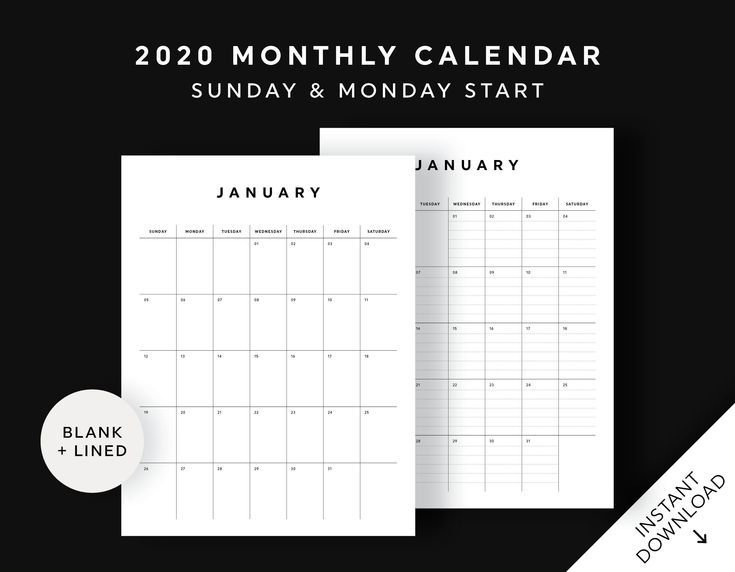 2020 Printable Calendar Pages, Monthly Calendar, Portrait