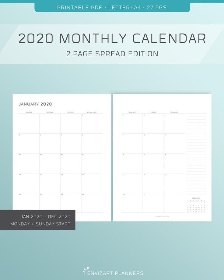 2020 printable monthly calendar 2 page layout monday