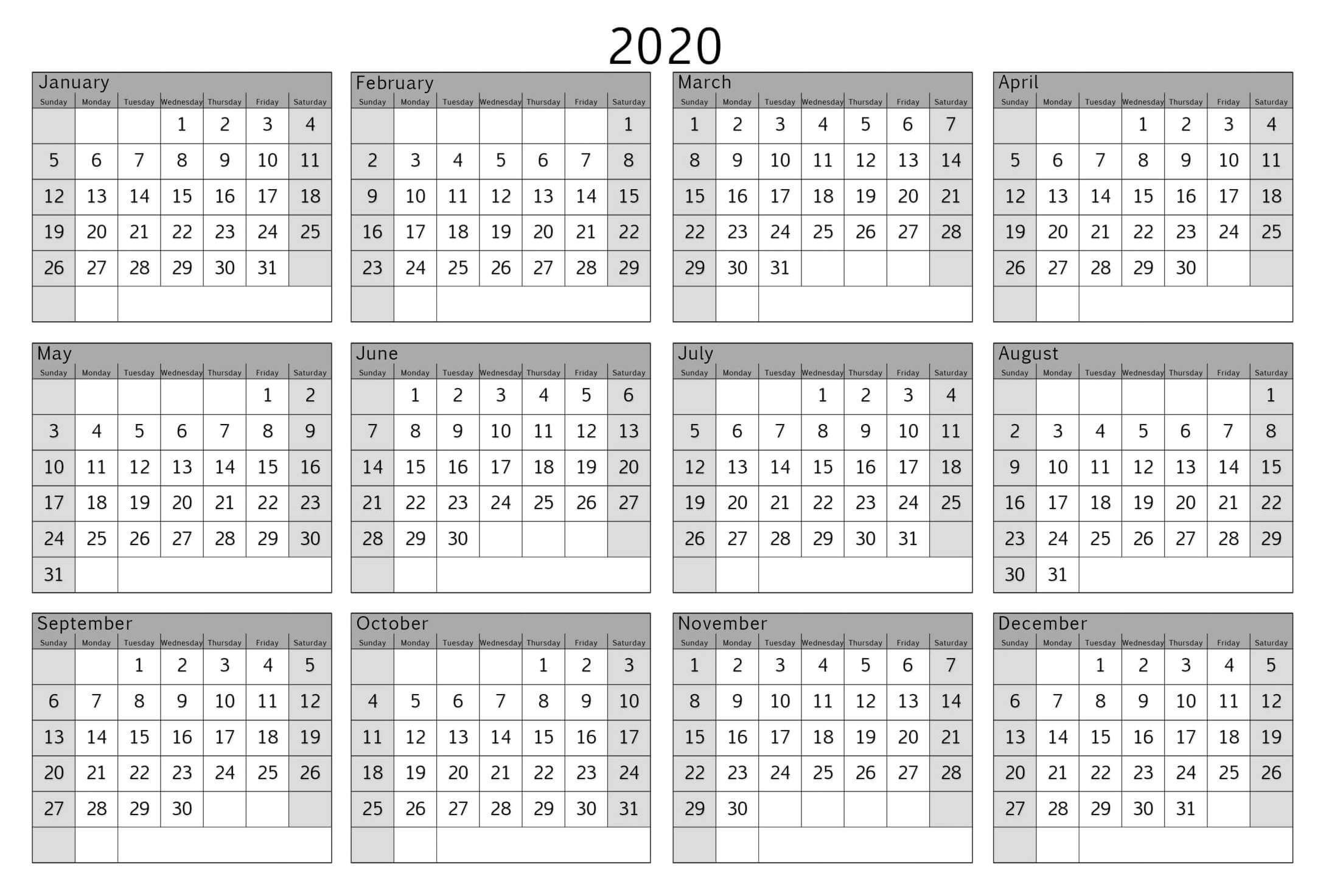 2020 year calendar with space to write calendar