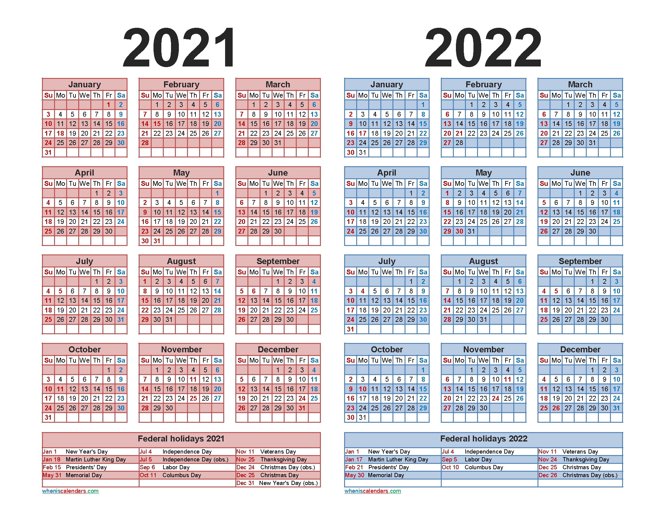 2021 2022 calendar printable with holidays