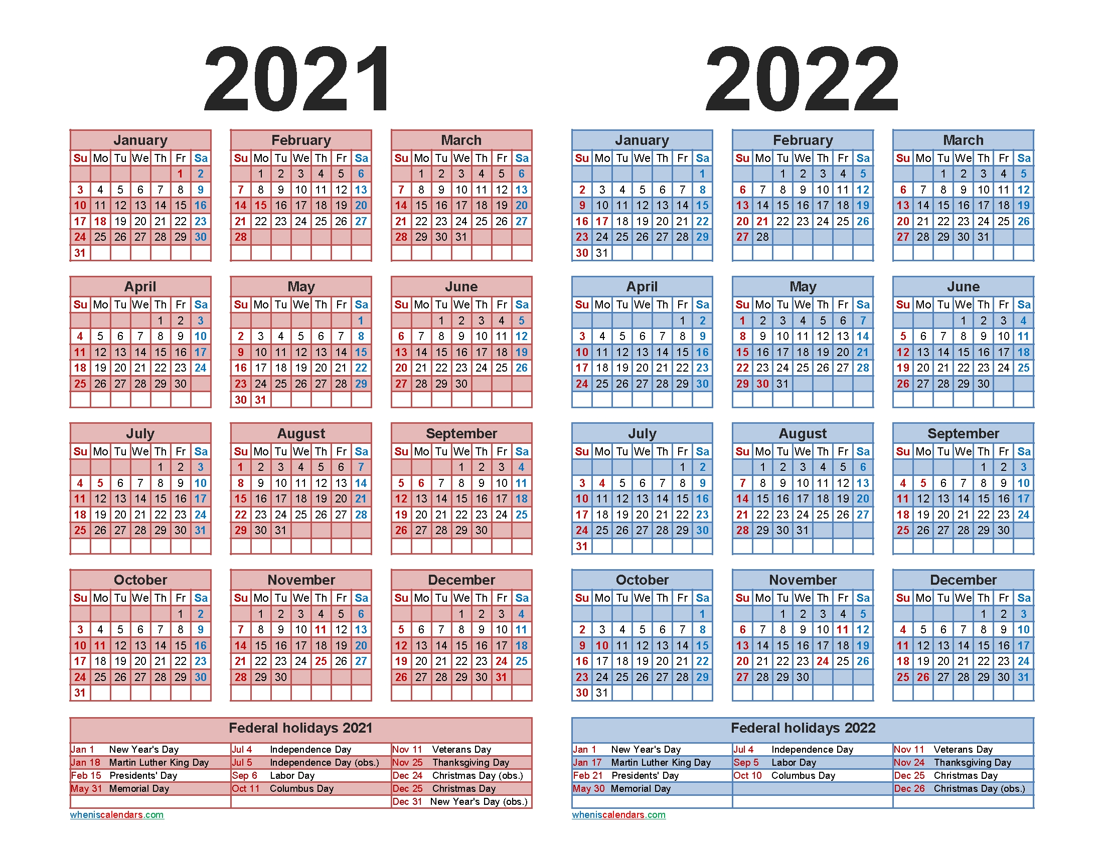 2021 2022 Calendar Printable With Holidays