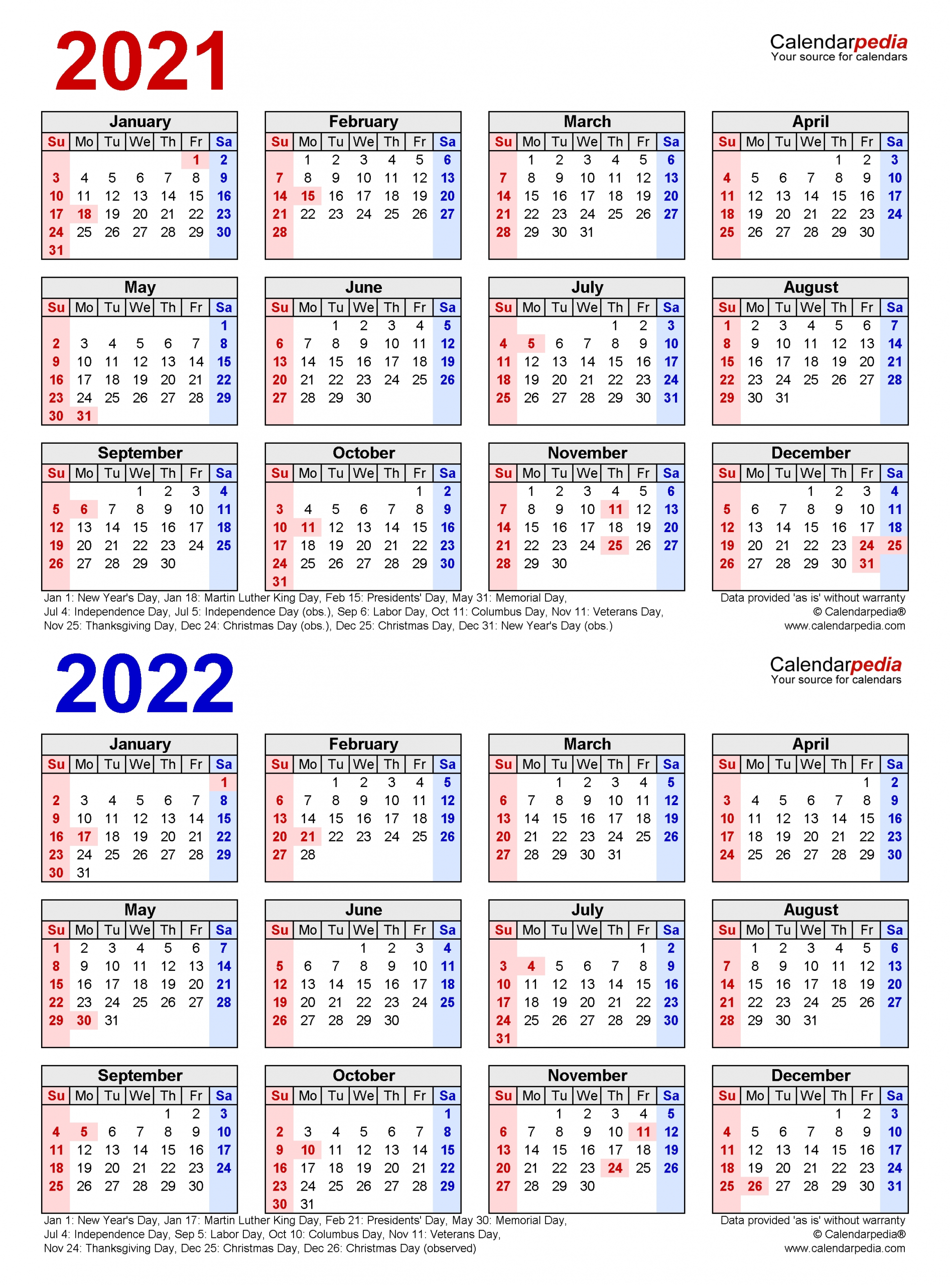 2021 2022 Two Year Calendar Free Printable Word Templates