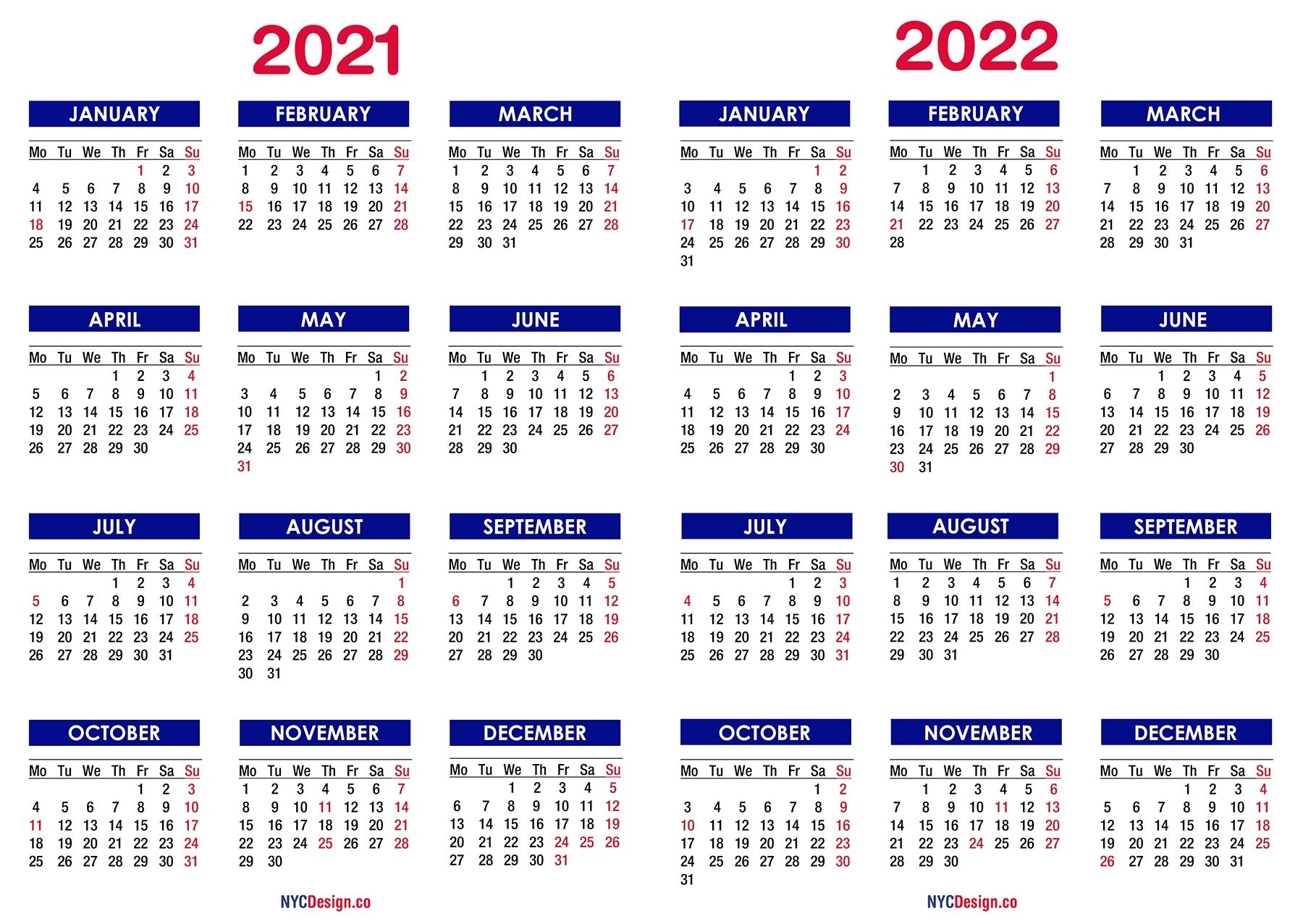 2021 2022 Two Year Calendar With Holidays, Printable