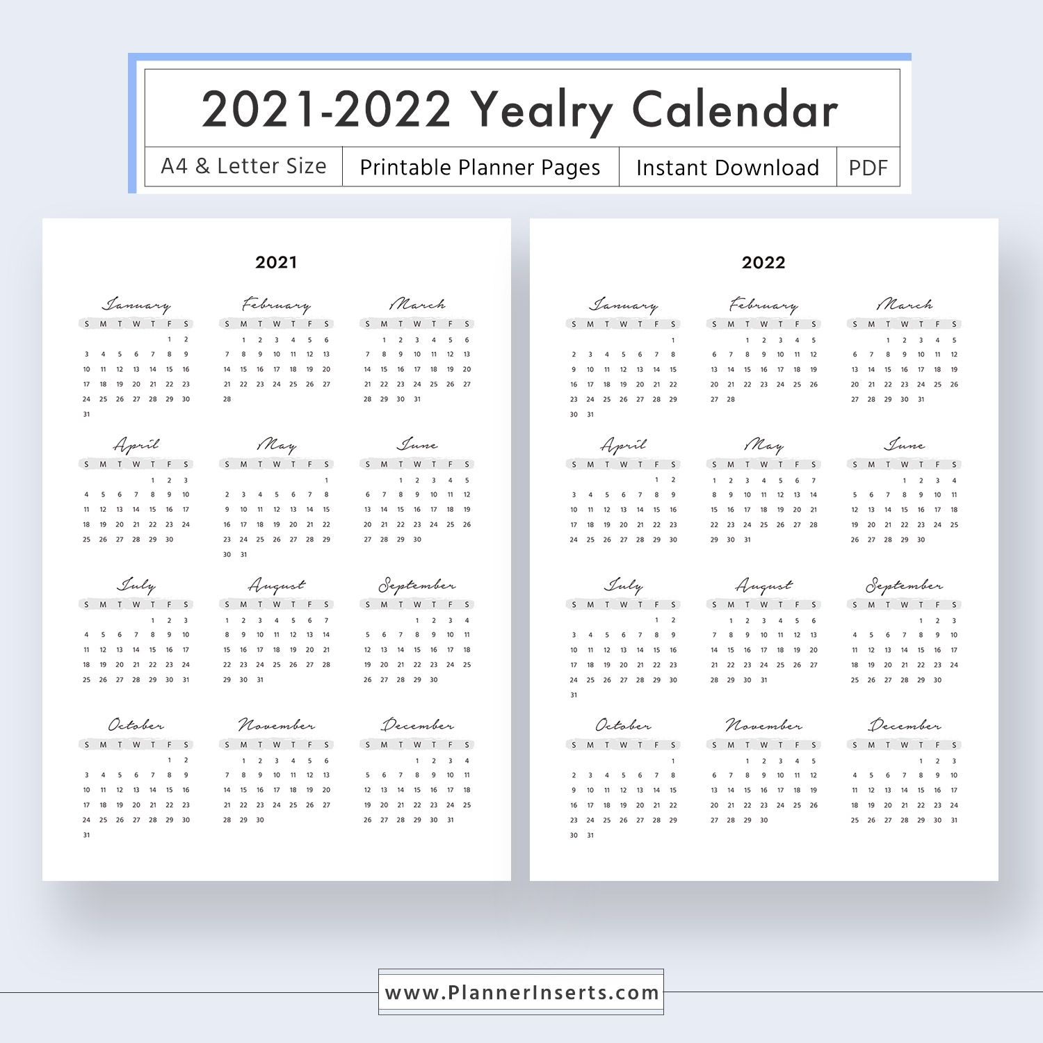 2021 2022 Yearly Calendar For Unlimited Instant Download