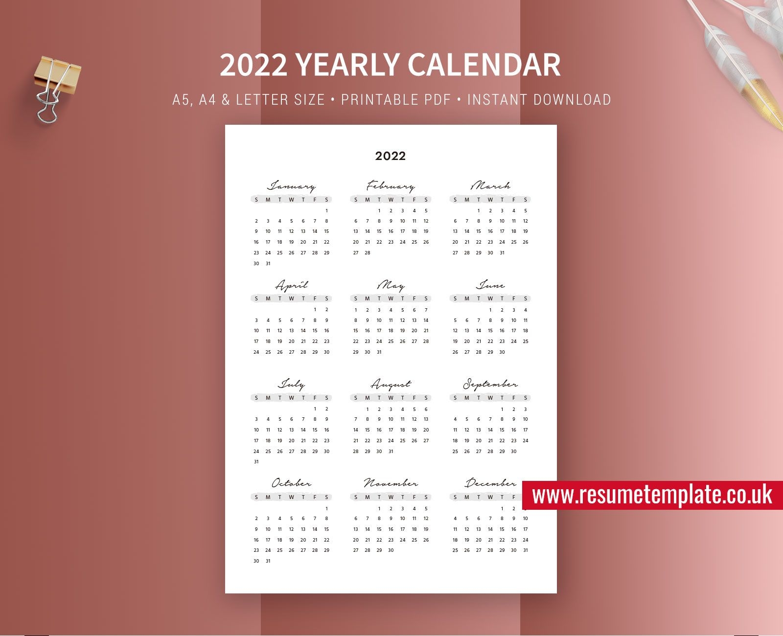 2021 2022 Yearly Calendar, Year At A Glance, Printable