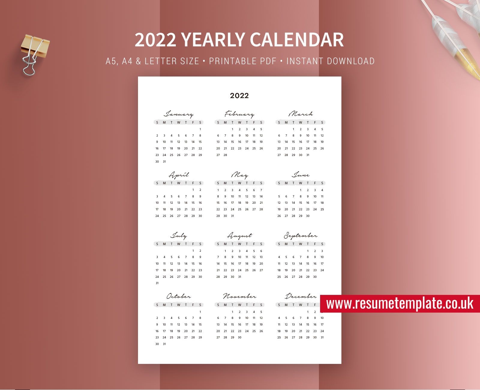 2021 2022 yearly calendar, year at a glance, printable