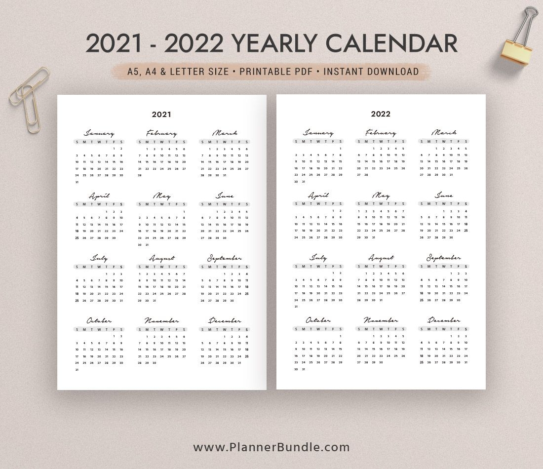 2021 2022 Yearly Calendar, Year At A Glance, Printable