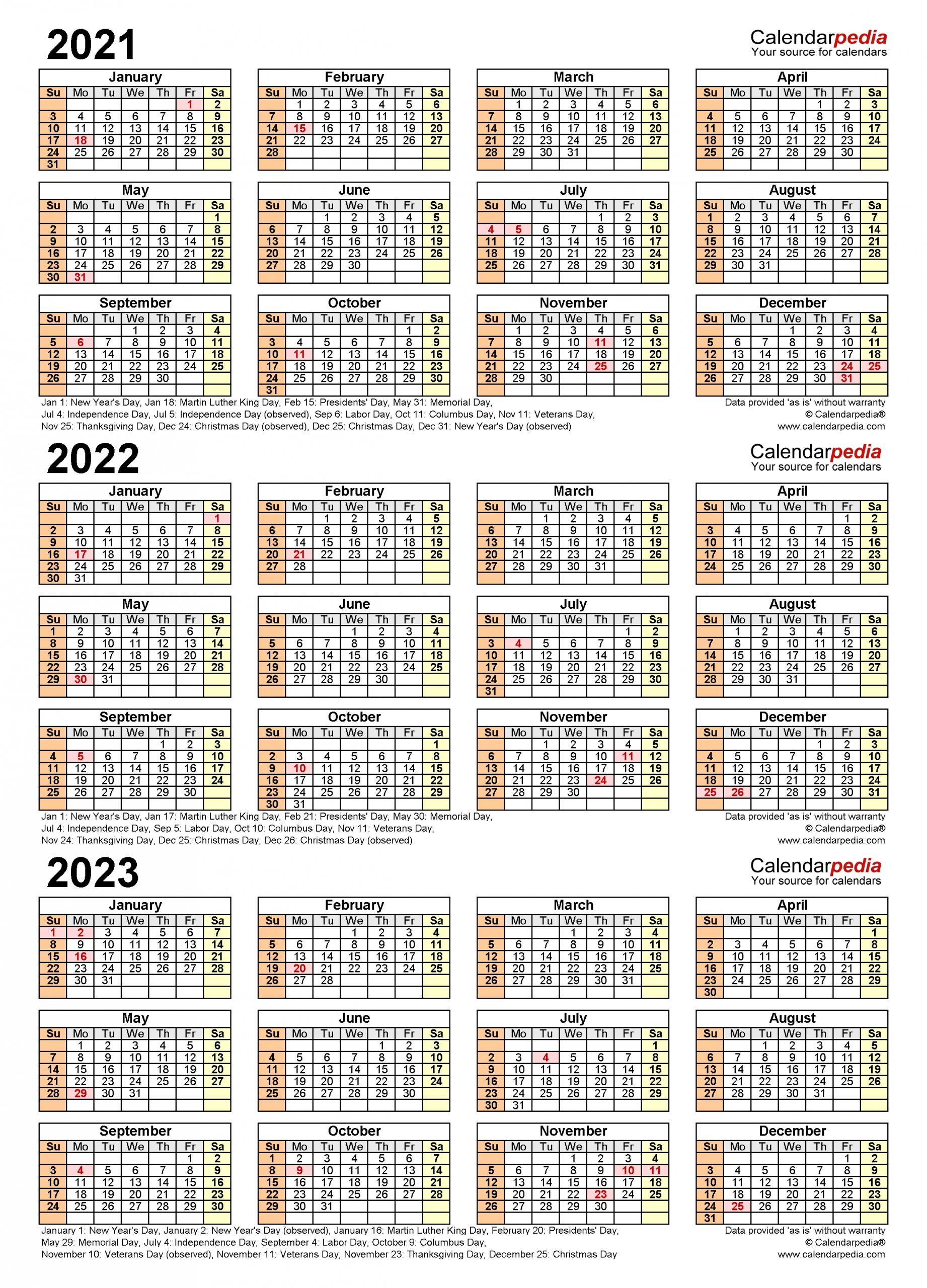 2021 2023 Three Year Calendar Free Printable Excel Templates