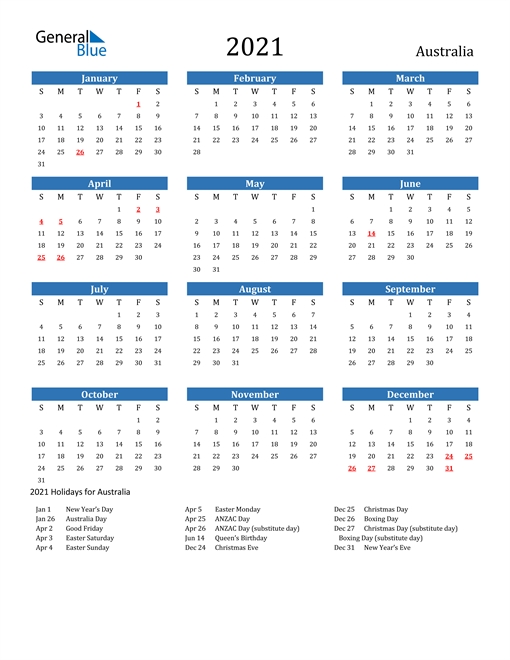 2021 australia calendar with holidays