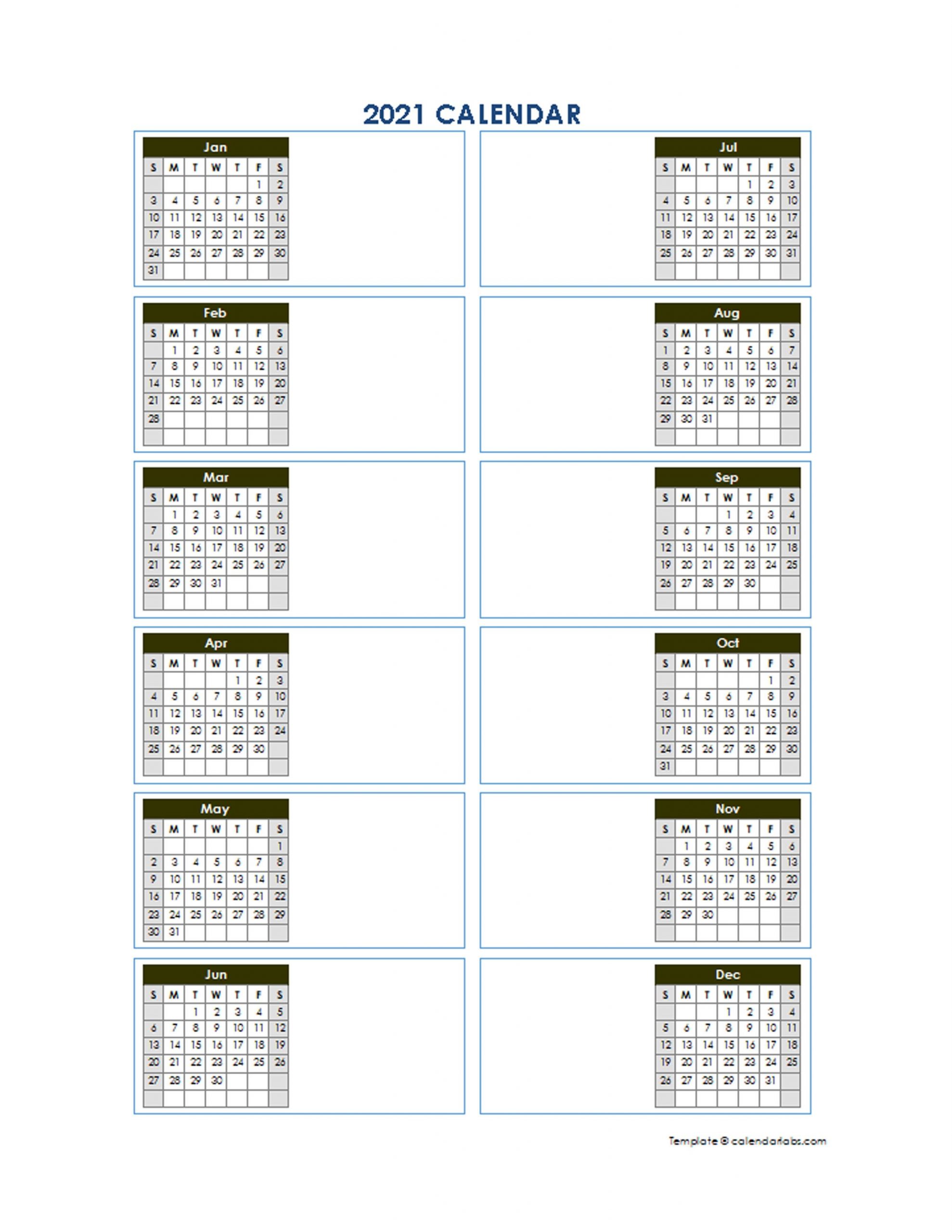 2021 Blank Yearly Calendar Template Vertical Design Free