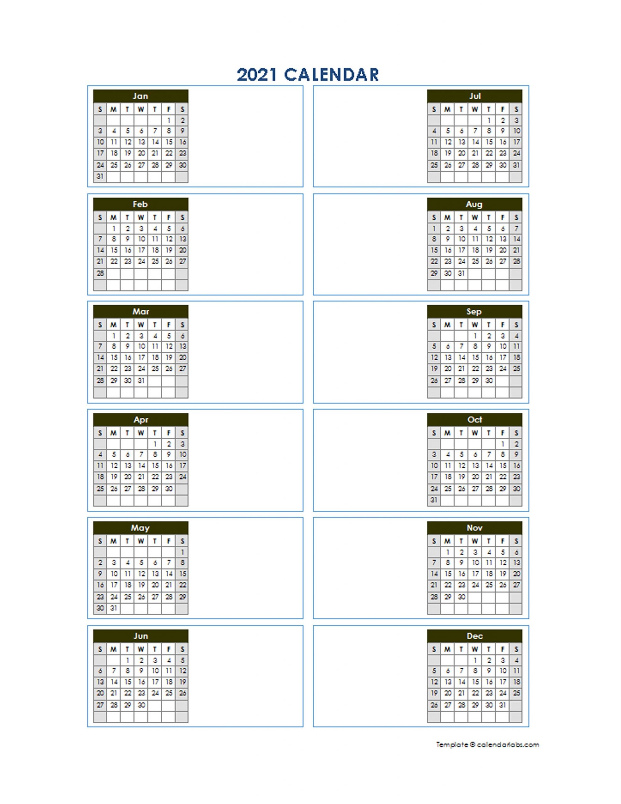 2021 blank yearly calendar template vertical design free