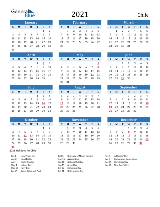 2021 calendar chile with holidays