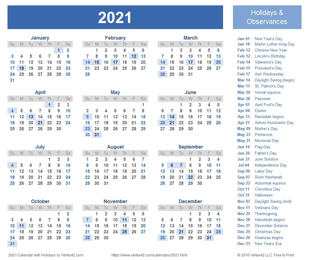 2021 calendar printable