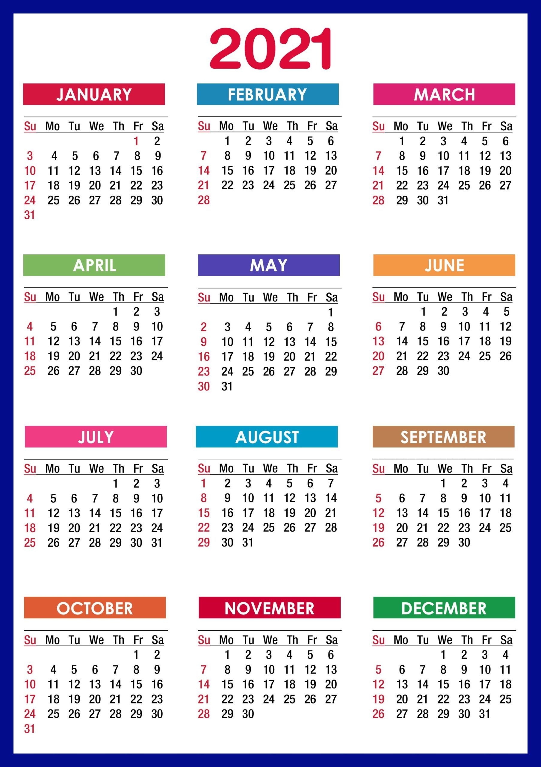 2021 Calendar Printable | 12 Months All In One | Calendar 2021