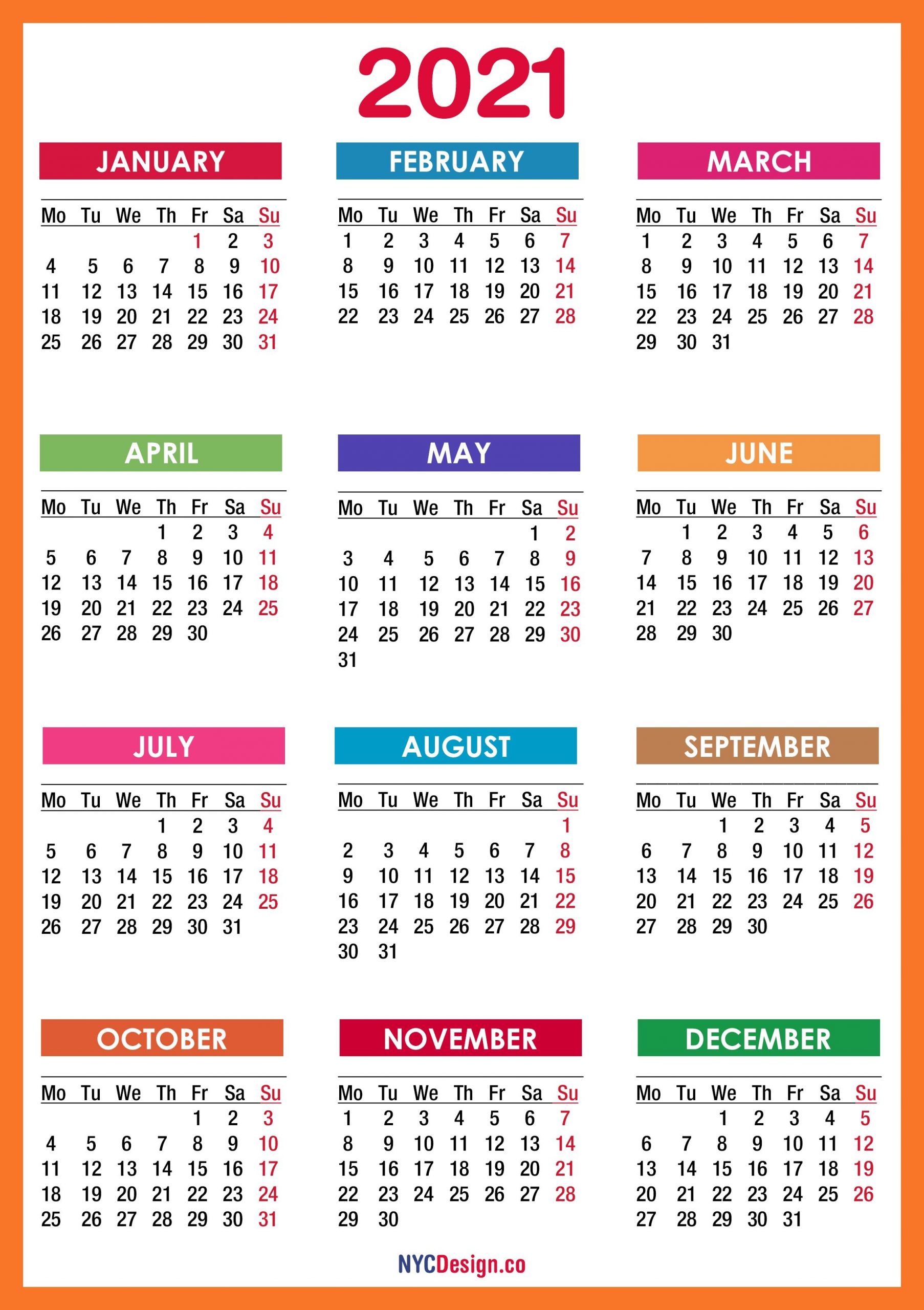 2021 calendar printable free, pdf, colorful, red, orange