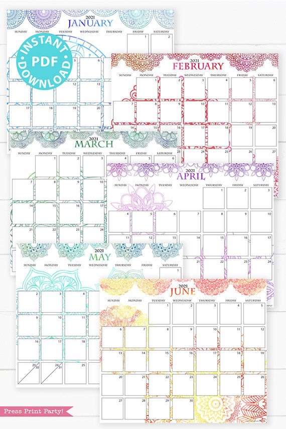 2021 calendar printable set, mandala watercolor press