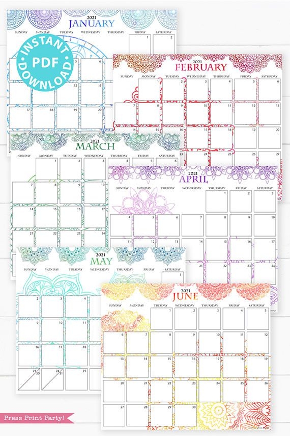 2021 Calendar Printable Set, Mandala Watercolor Press