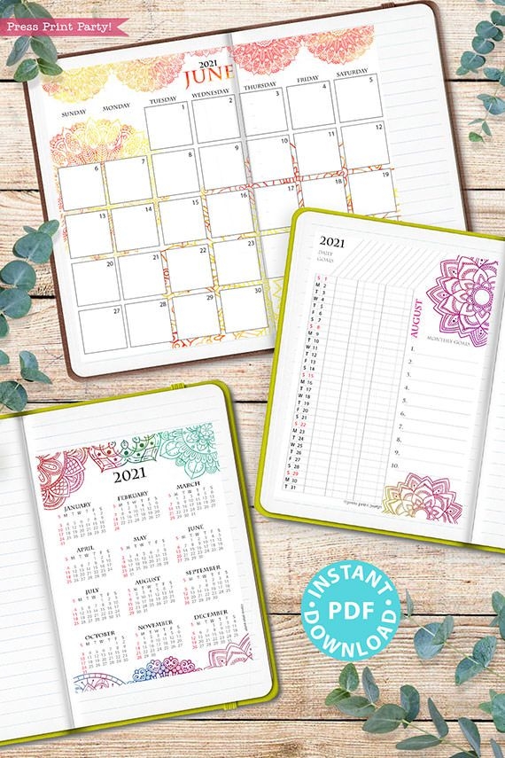 2021 calendar printable set, mandala watercolor press