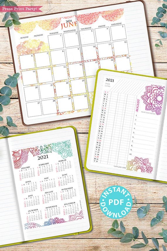 2021 Calendar Printable Set, Mandala Watercolor Press