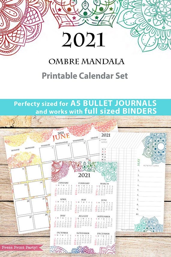 2021 Calendar Printable Set, Mandala Watercolor Press