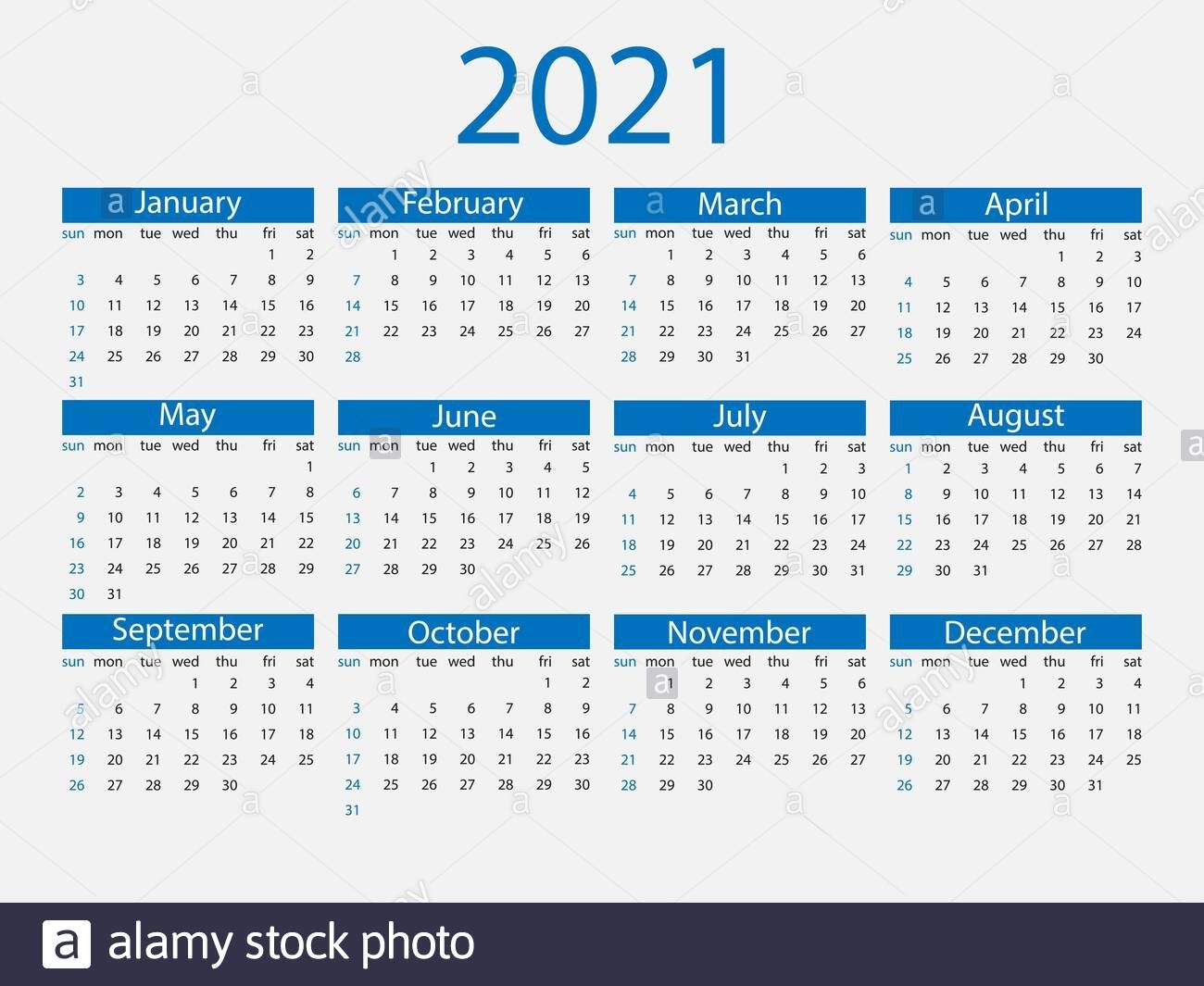 2021 Calendar, Week Starts Sunday Vector Illustration