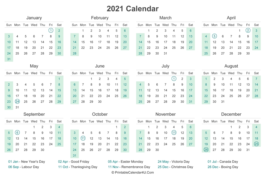 2021 Calendar With Canada Holidays At Bottom (landscape
