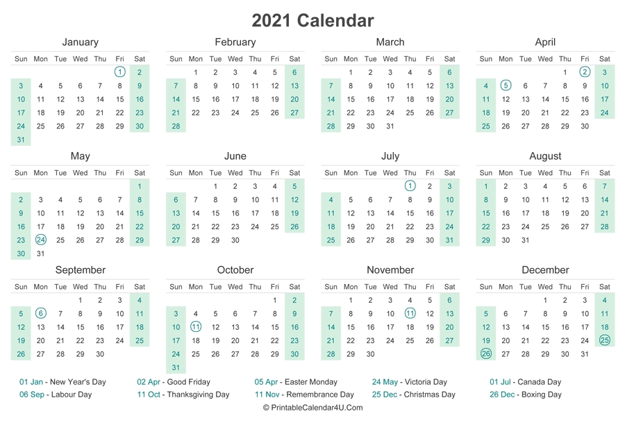 2021 calendar with canada holidays at bottom (landscape