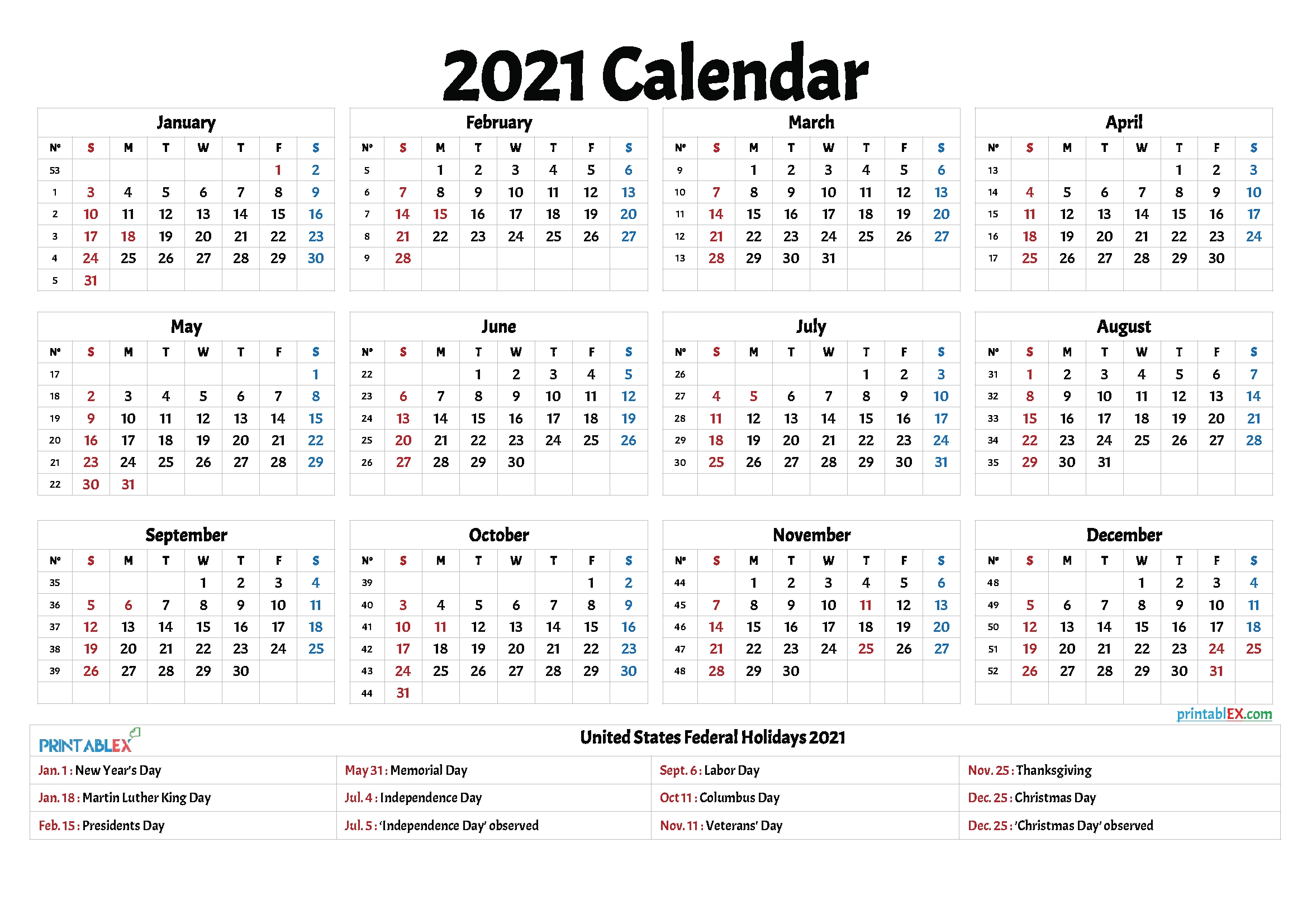 2021 Calendar With Federal Holidays | Free 2021 Printable