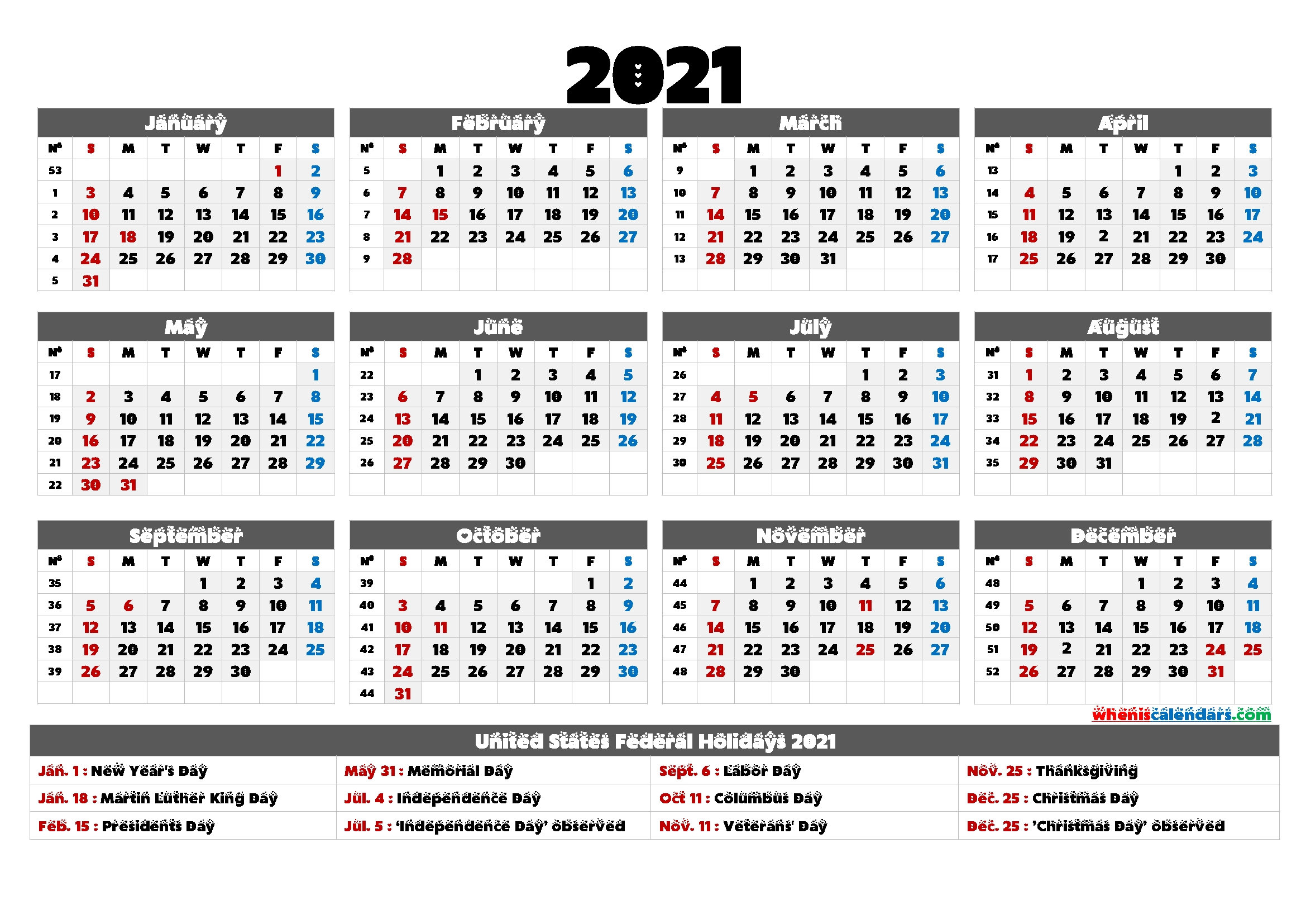 2021 calendar with holidays printable 6 templates | free