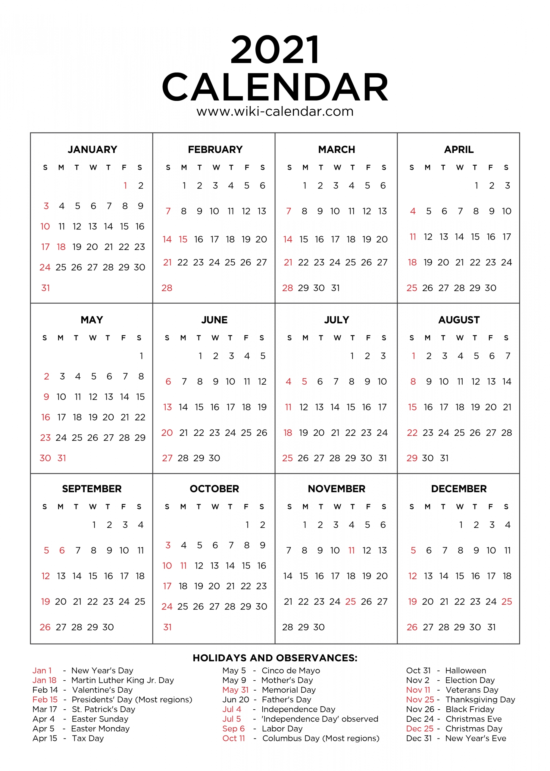 2021 Calendar With Holidays Printable | Calendar Template