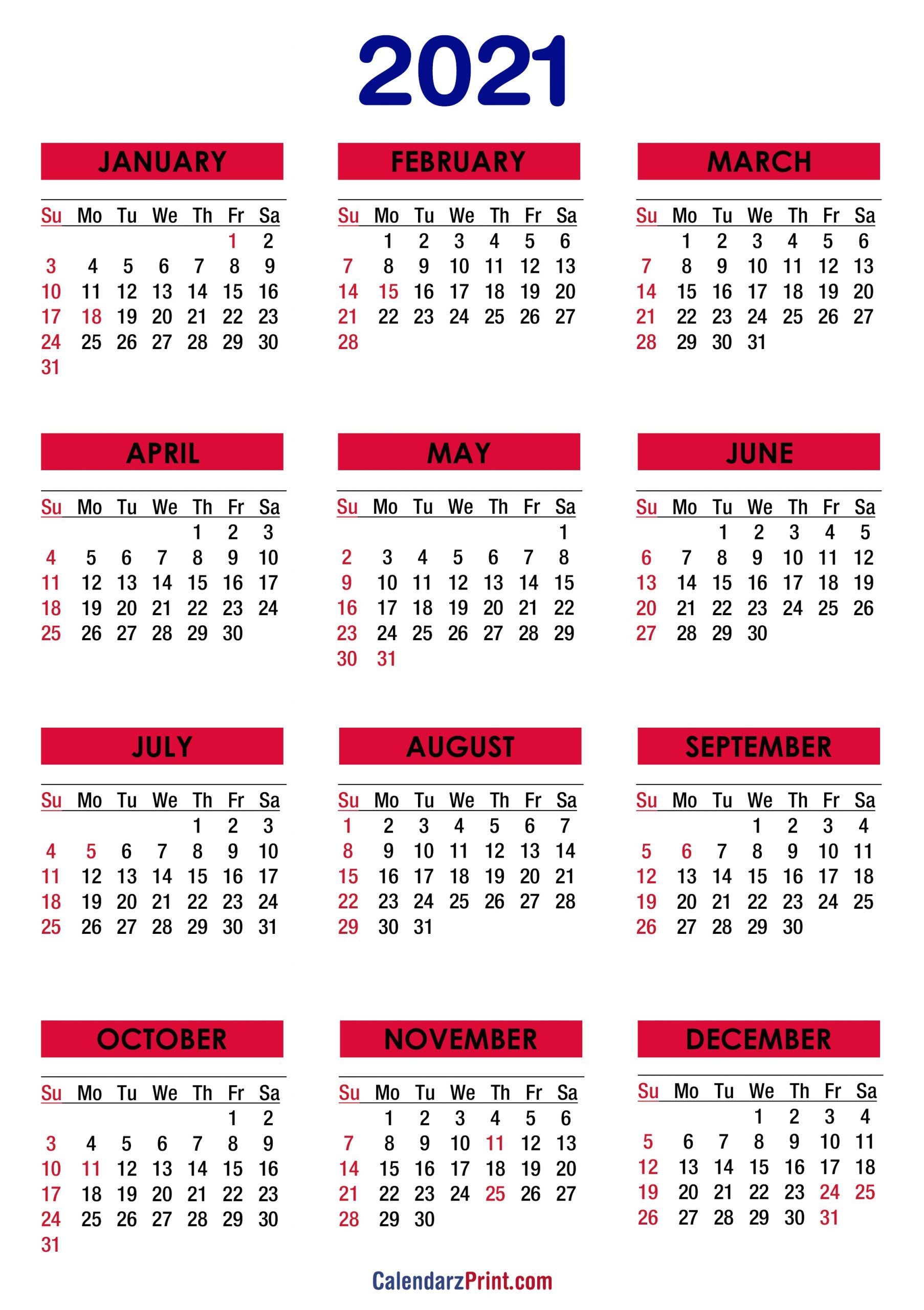 2021 Calendar With Holidays Printable Free Colorful 2