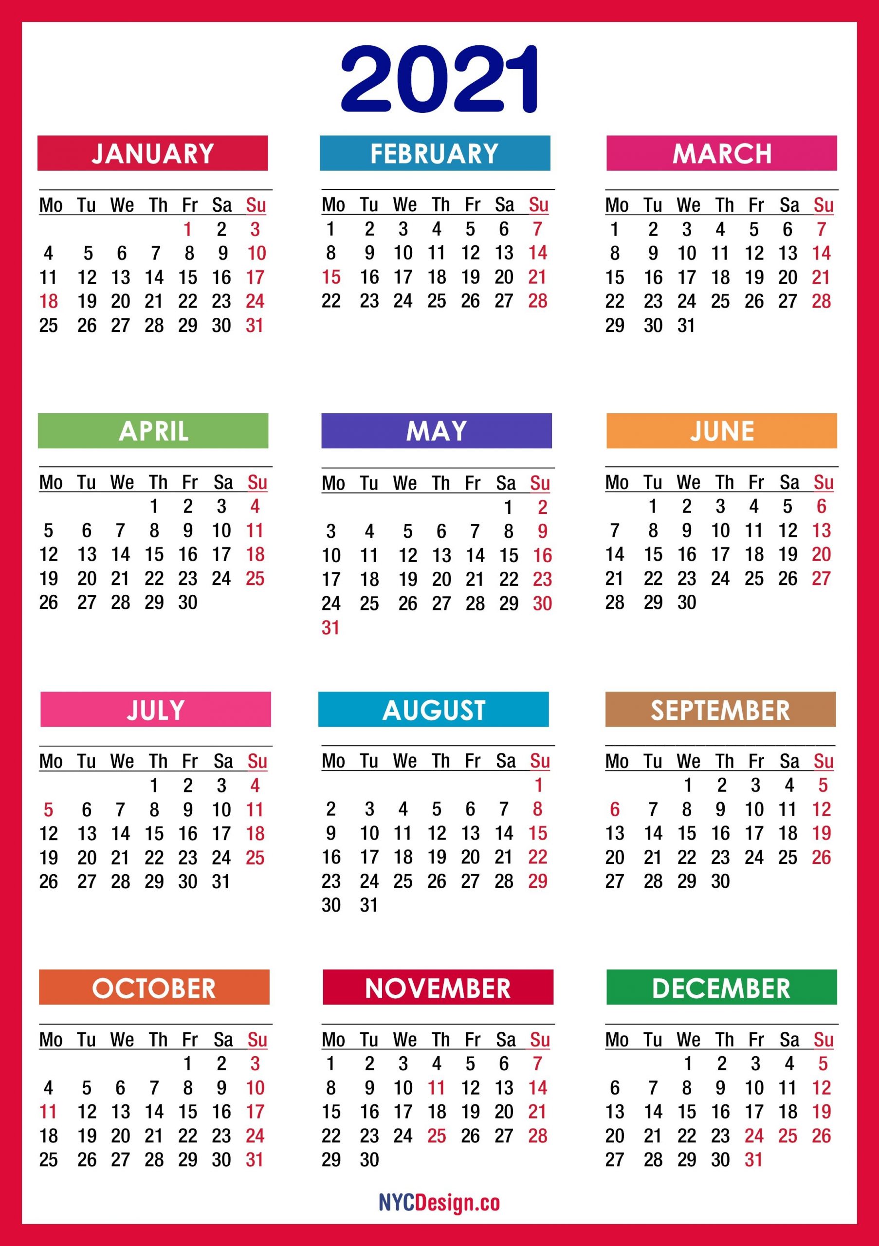 2021 Calendar With Holidays, Printable Free, Pdf, Colorful