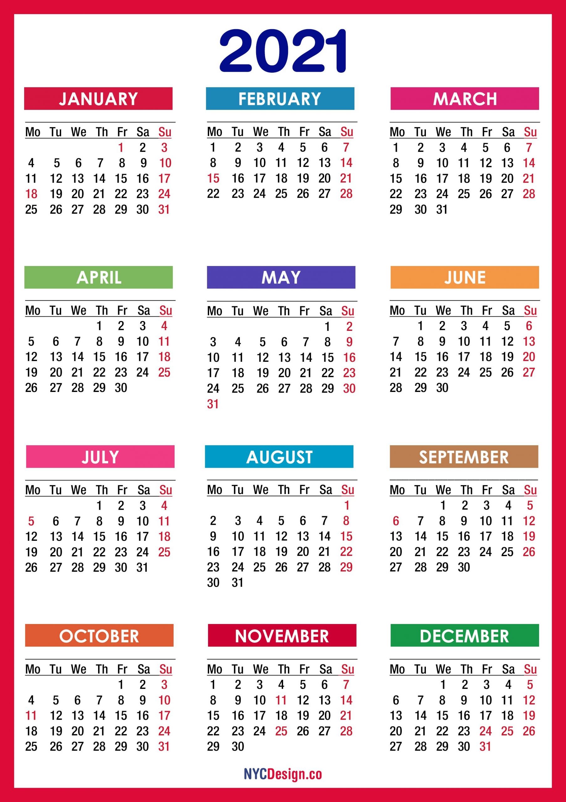 2021 calendar with holidays, printable free, pdf, colorful