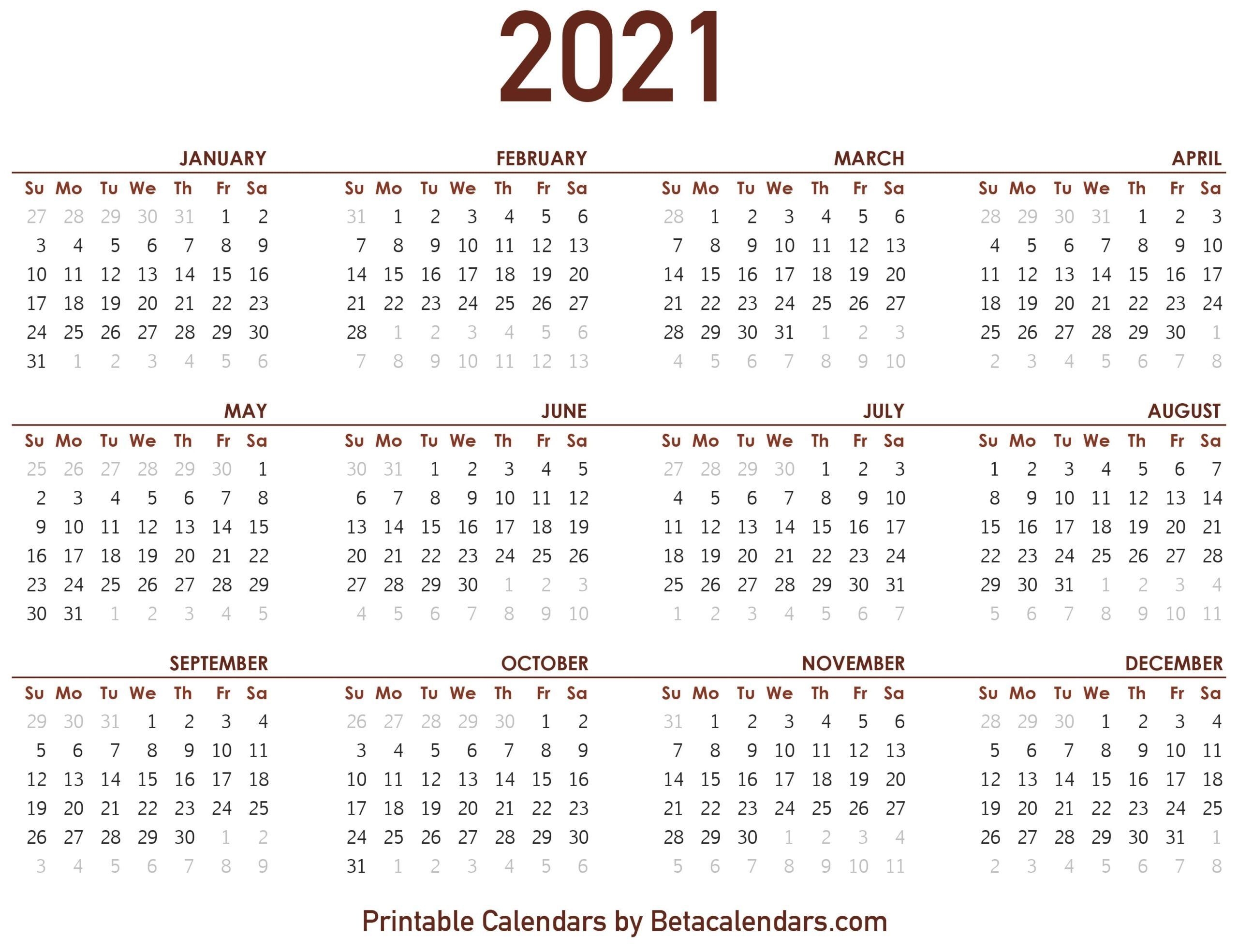 2021 Calendar With Numbered Days Example Calendar Printable