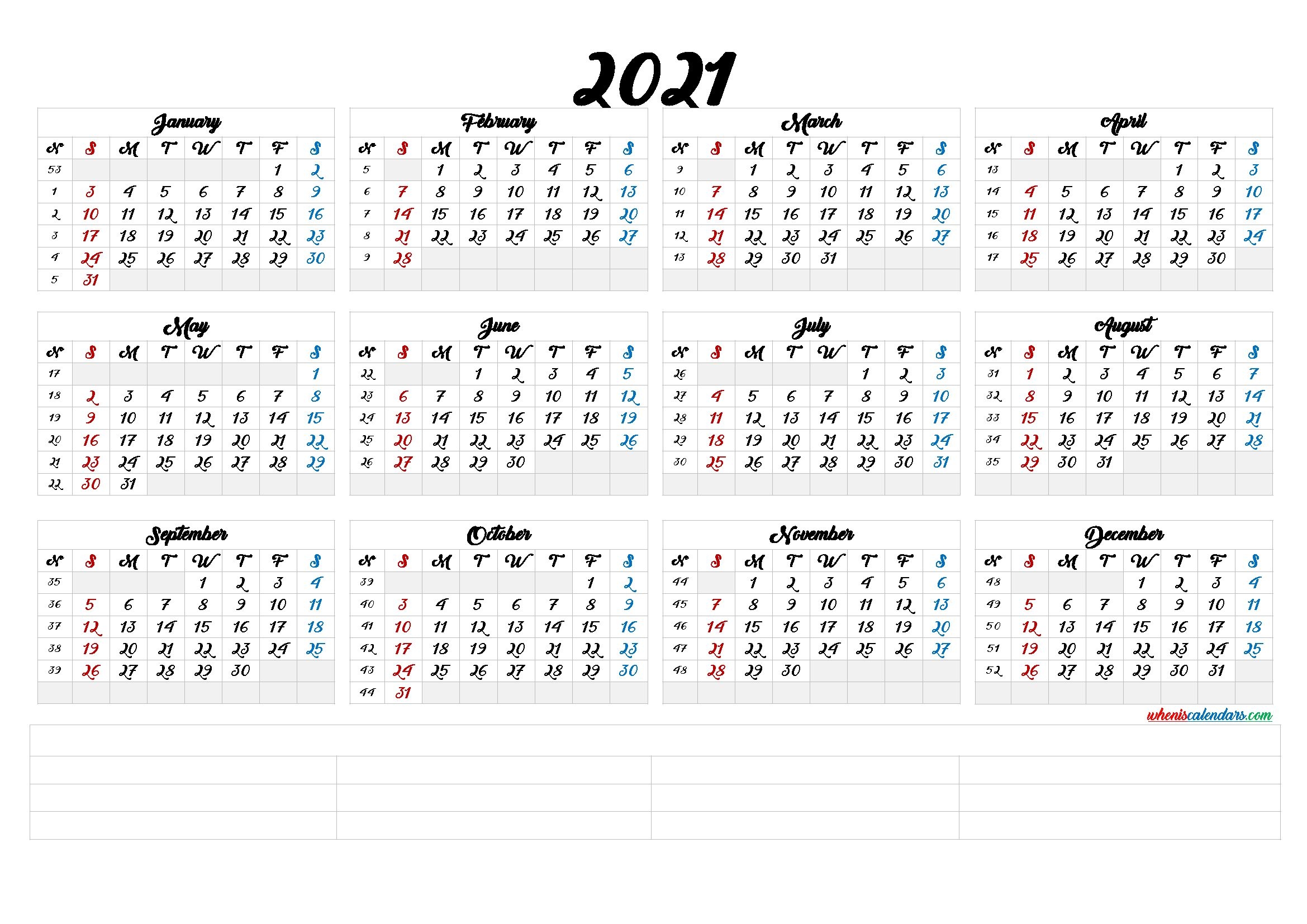 2021 calendar with week number printable free : week