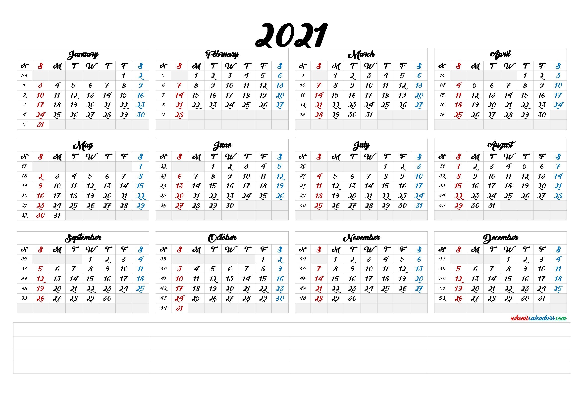 2021 Calendar With Week Number Printable Free : Week