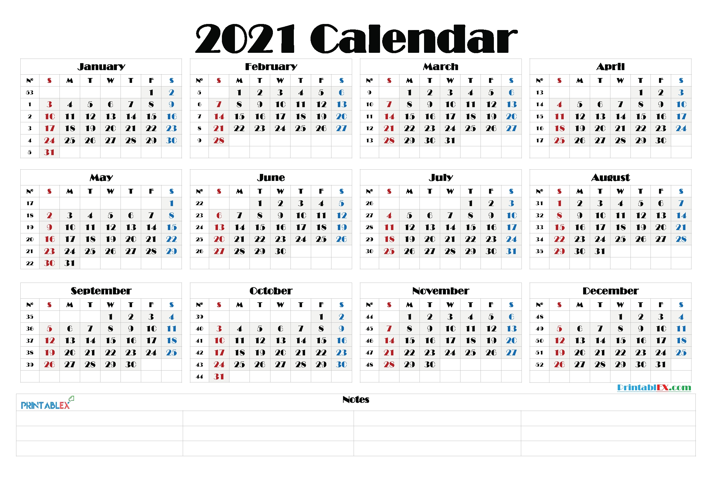 2021 calendar with week number printable free : week