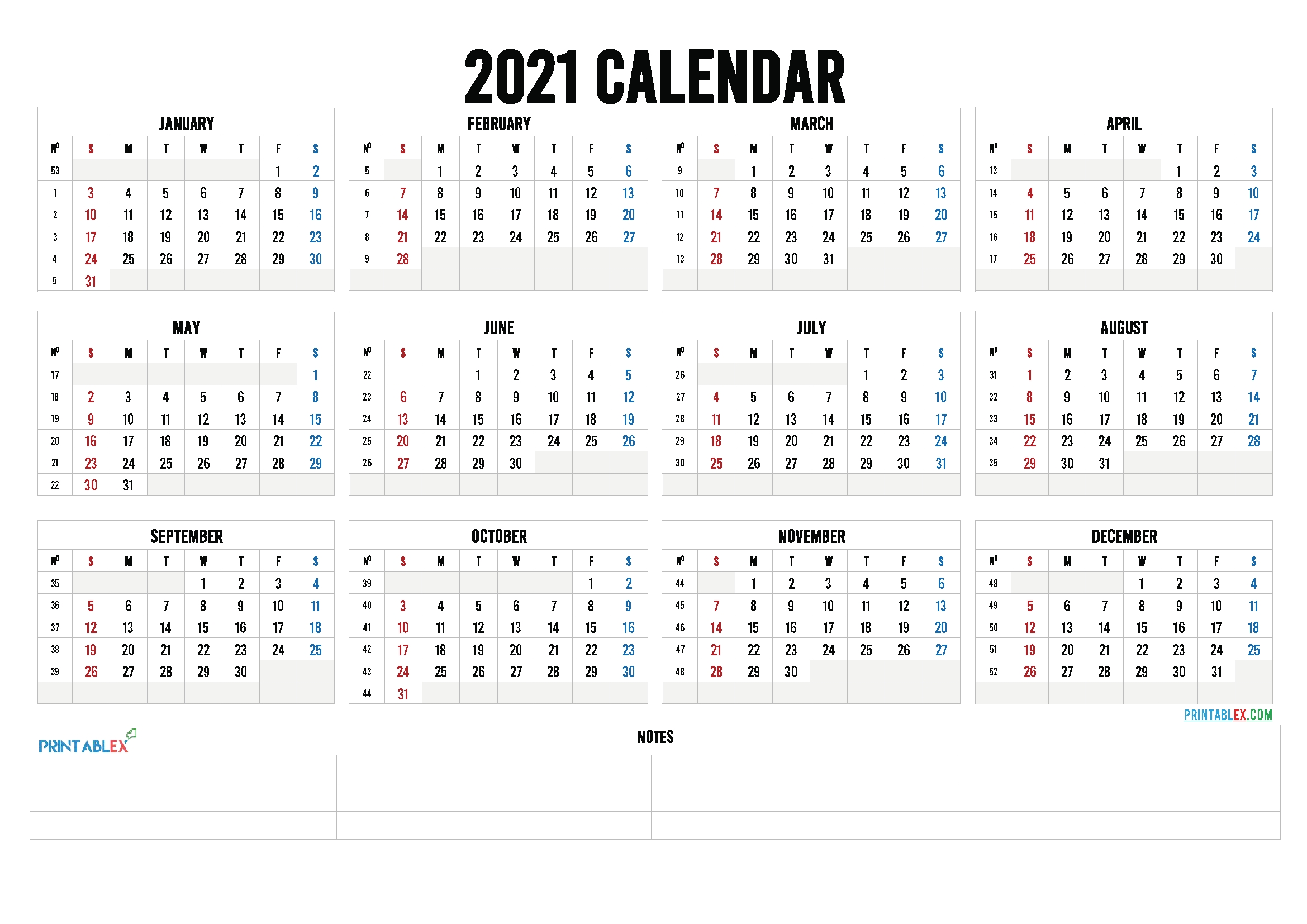2021 Calendar With Week Number Printable Free : Weekly