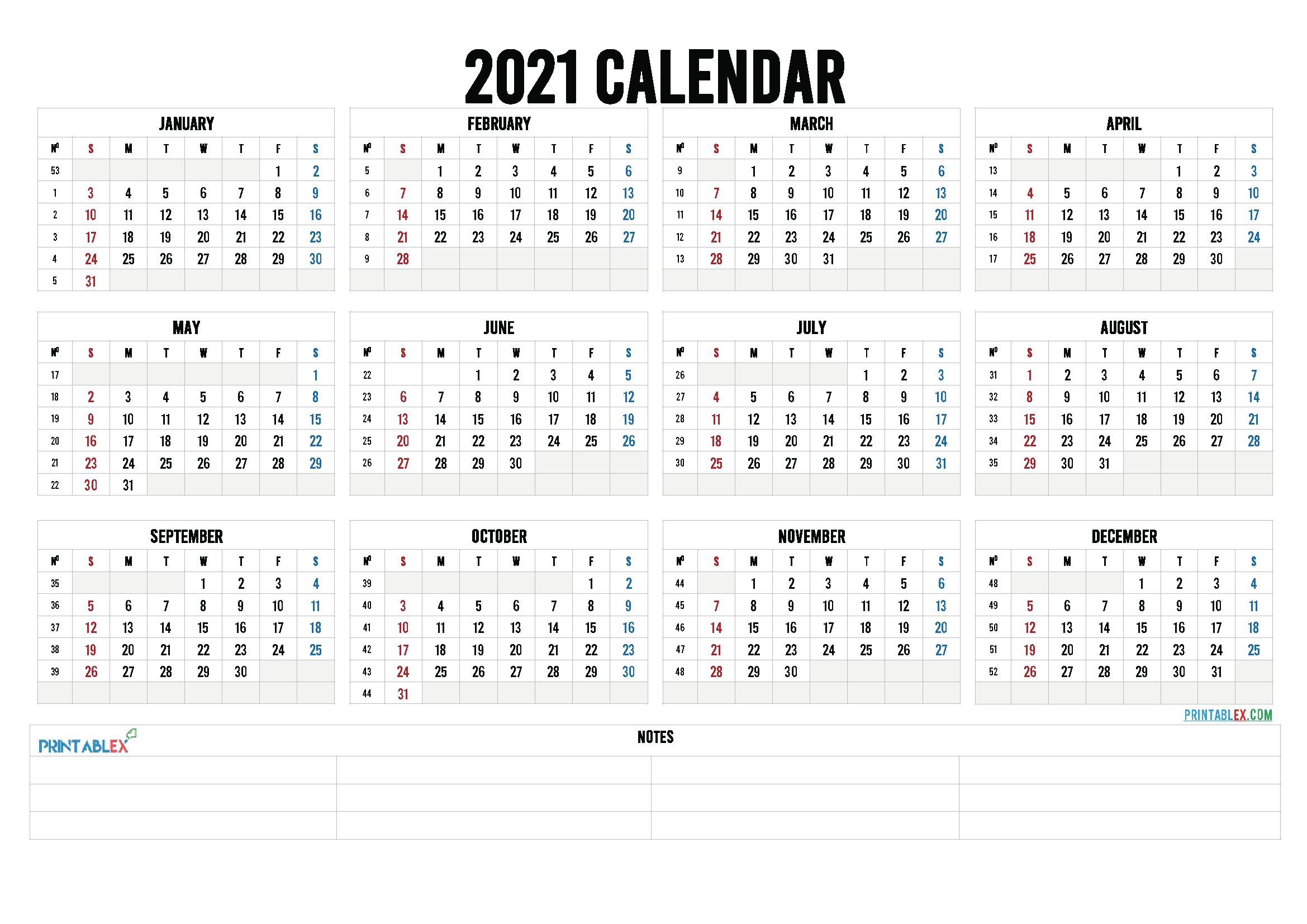 2021 calendar with week number printable free : weekly