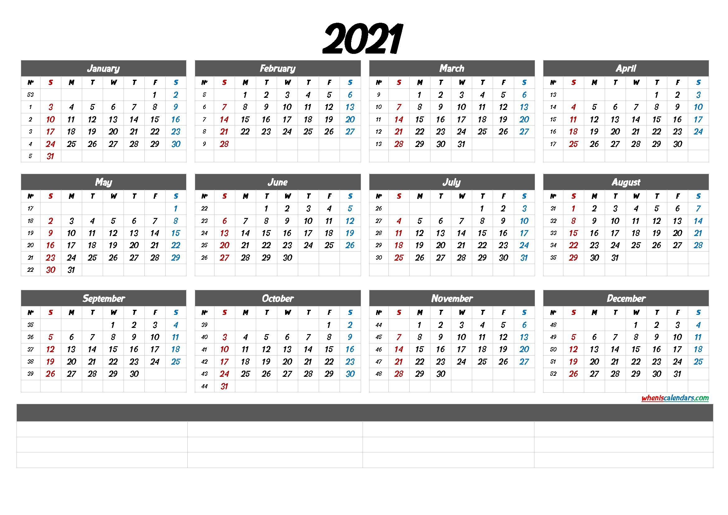 2021 calendar with week numbers printable (6 templates