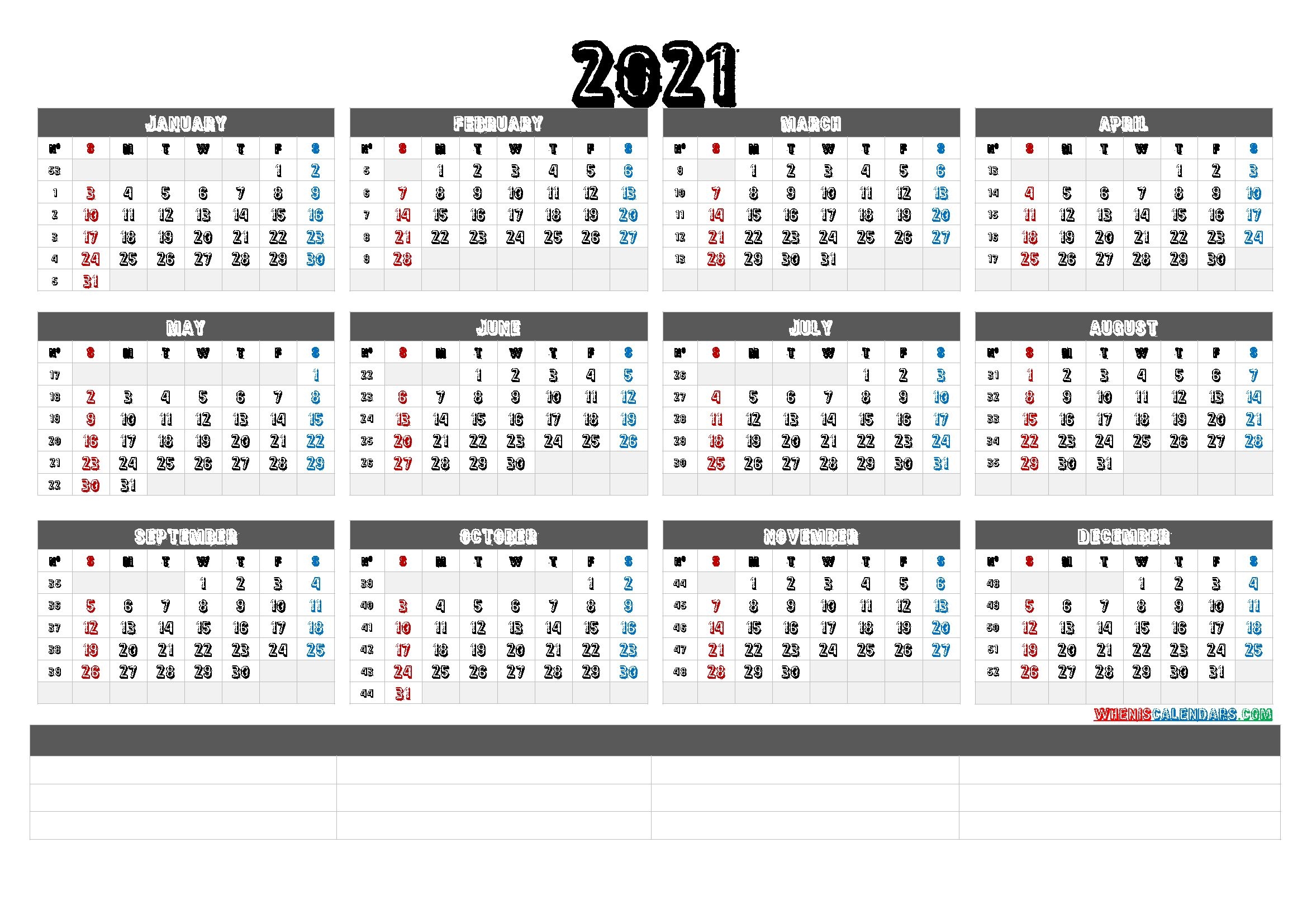 2021 calendar with week numbers printable (6 templates