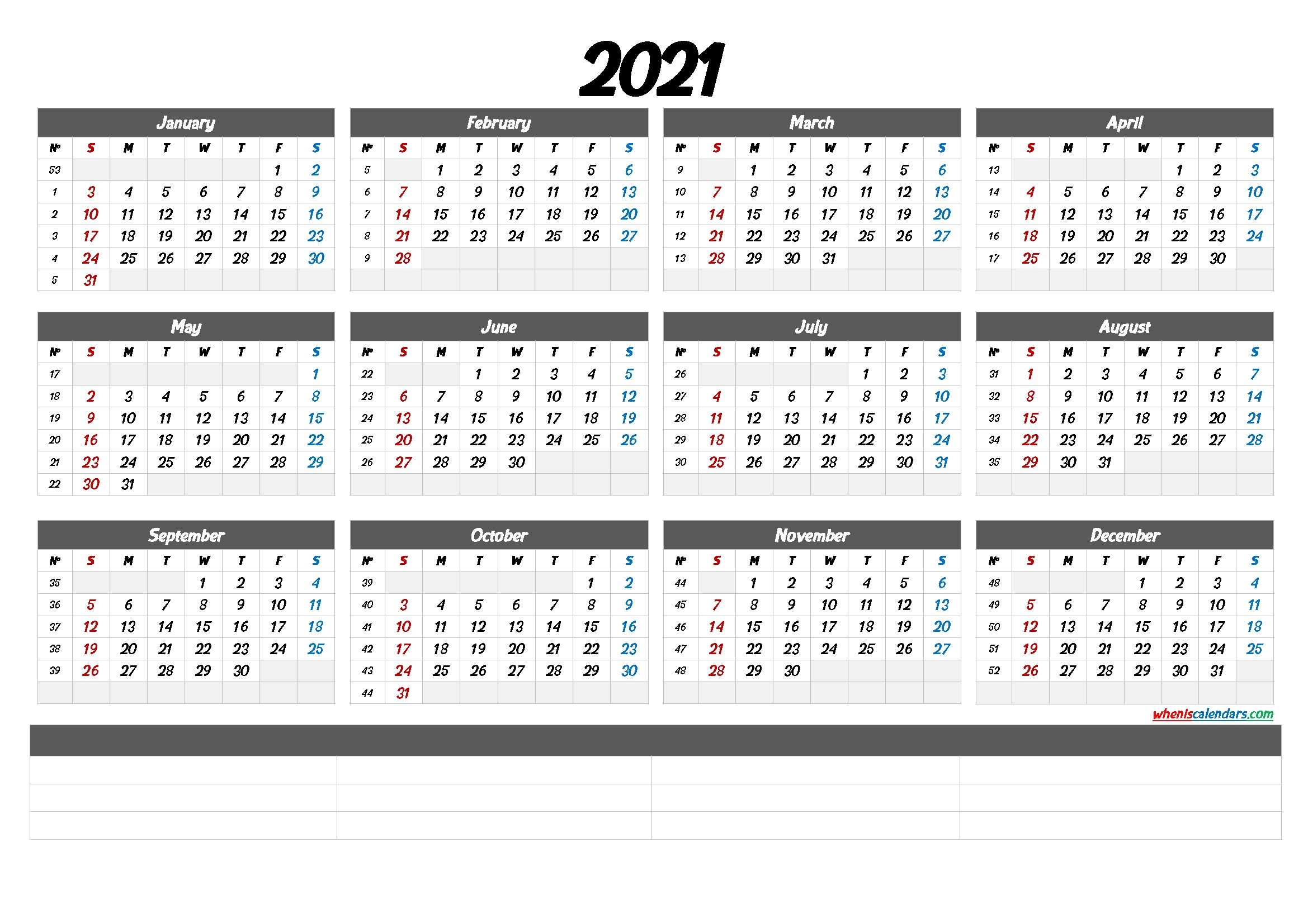 2021 calendar with week numbers printable (6 templates