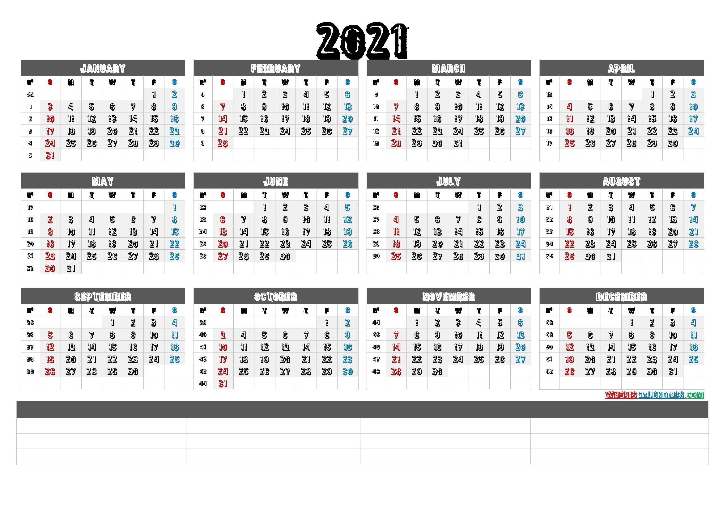 2021 calendar with week numbers printable (6 templates