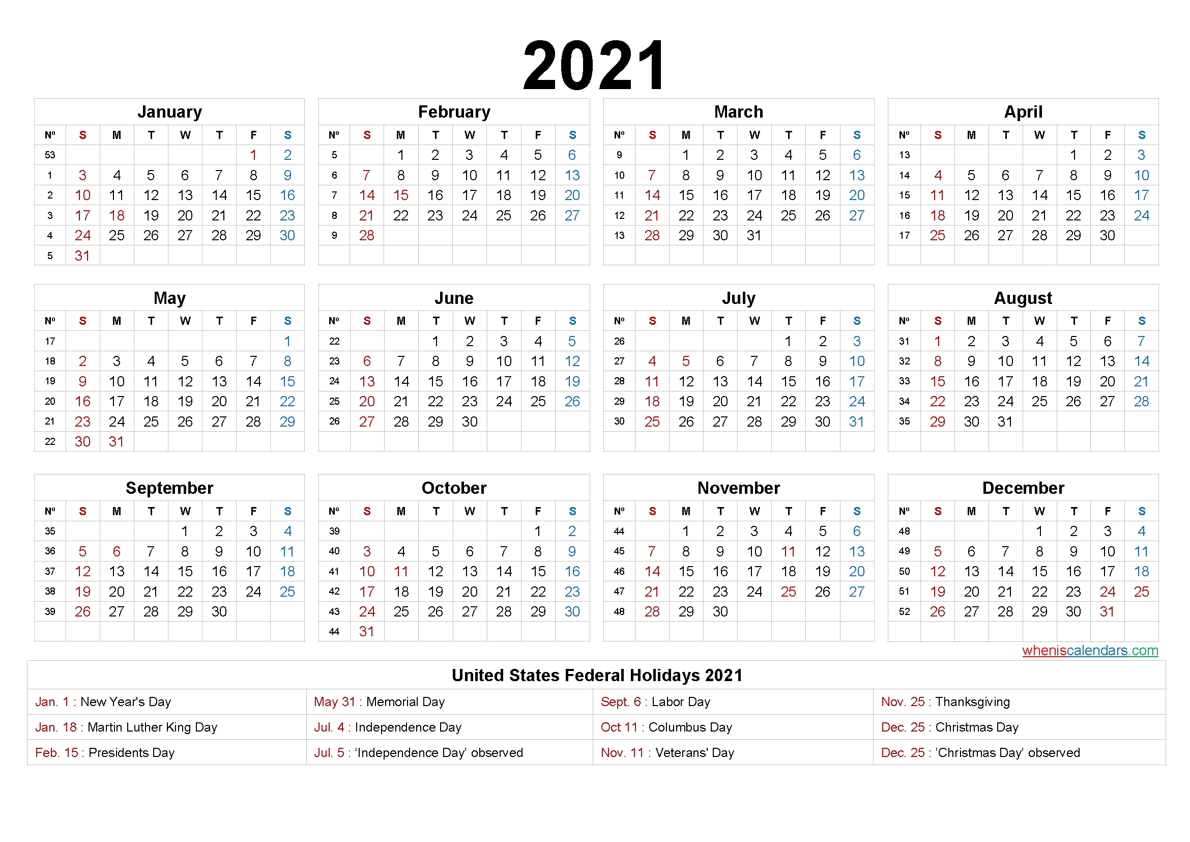 2021 calendar with week numbers printable 9 templates