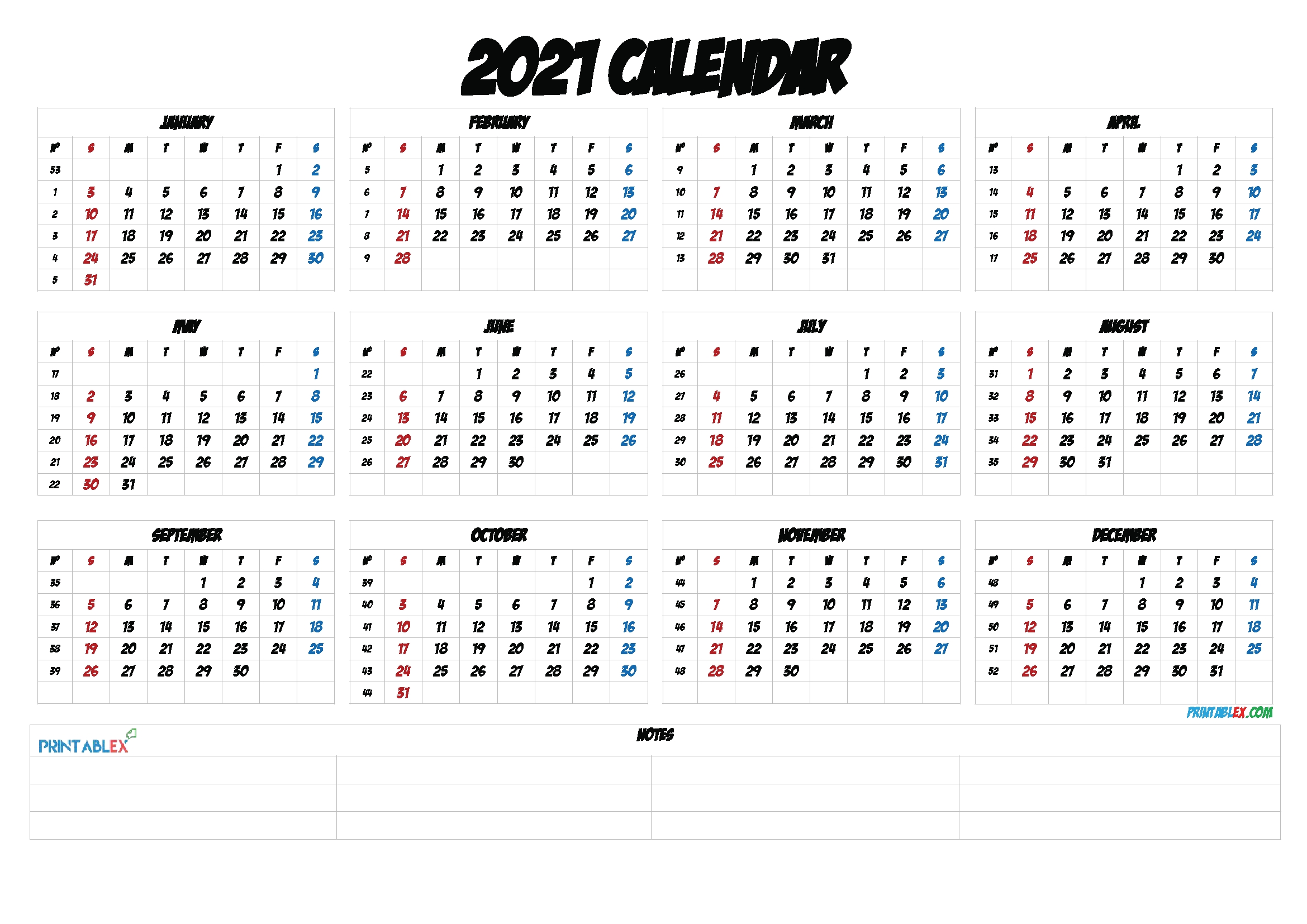 2021 calendar with week numbers printable