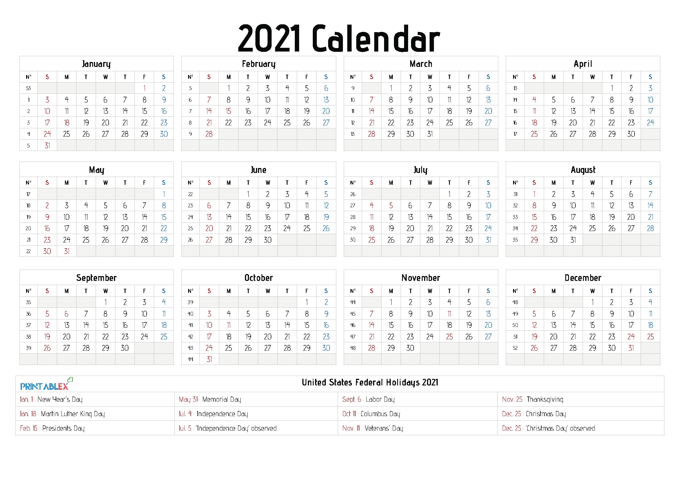 2021 Calendars With Holidays Printable Printable Calendar