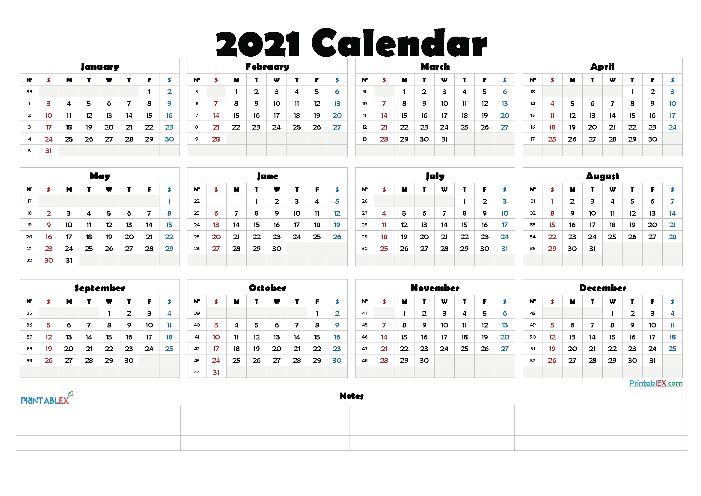 2021 Free Printable Yearly Calendar 21ytw155 In 2020