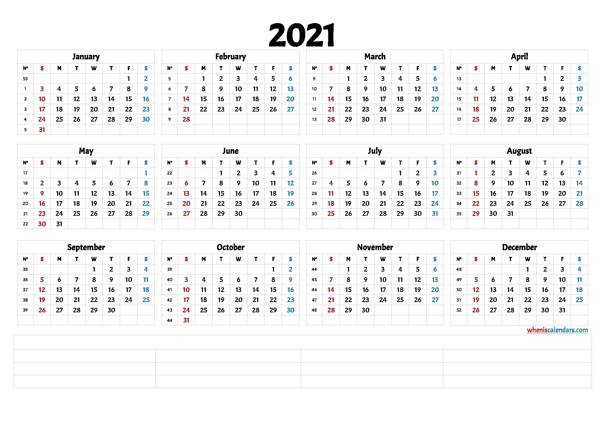 2021 Free Printable Yearly Calendar With Week Numbers (6